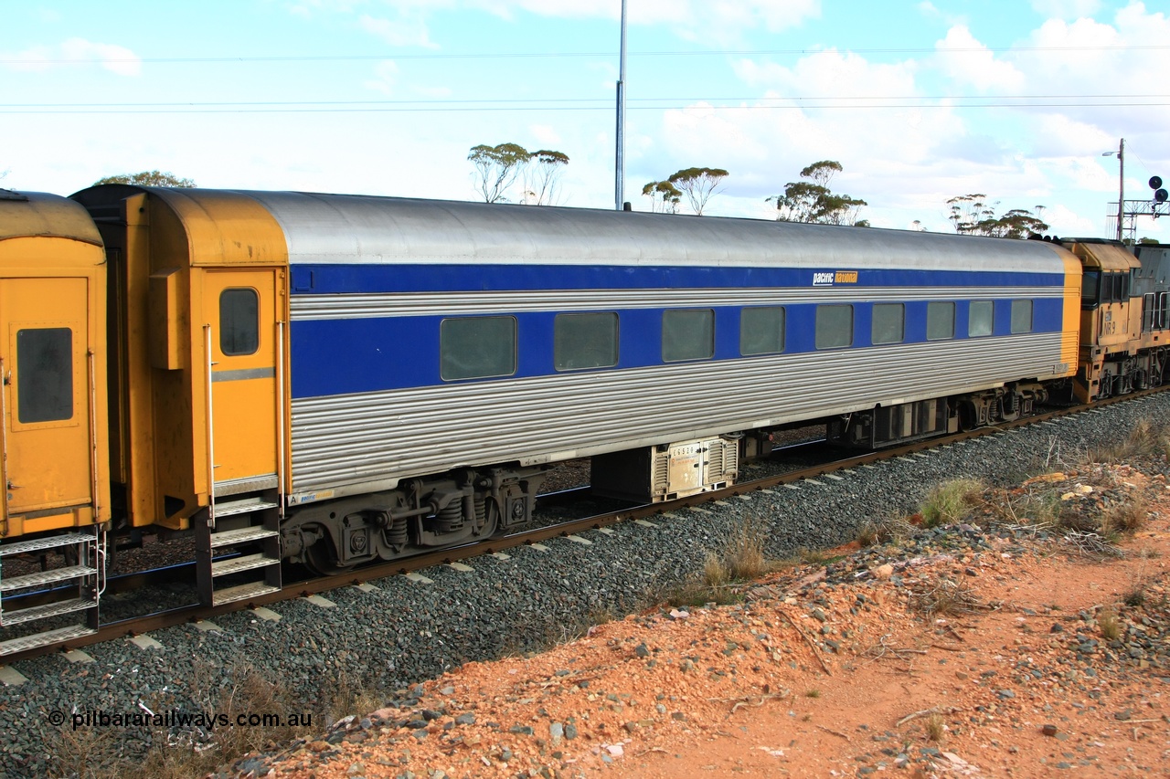 100601 8390
West Kalgoorlie, crew accommodation coach RZEY 3, built by South Australian Railways Islington Workshops in 1956 as Tolkini for The Overland, renamed to Malkari in 1957 then coded JTA 3 in 1987, converted to crew coach in 2007 by Bluebird Rail Operations.
Keywords: RZEY-type;RZEY3;SAR-Islington-WS;JTA-type;JTA3;Tolkini;Malkari;