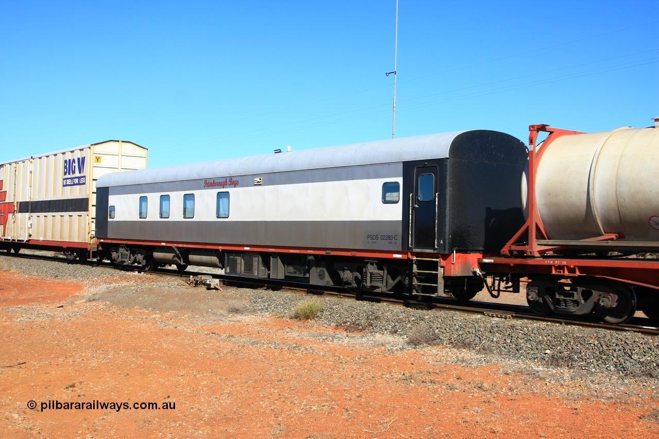 100603 8875
Parkeston, SCT crew accommodation coach PSDS type PSDS 02280 'Peterborough Boys' converted by Gemco WA in 2008 from former Comeng NSW built SDS class sitting car SDS 2280 for the NSWGR.
Keywords: PSDS-type;PSDS02280;Comeng-NSW;SDS-class;