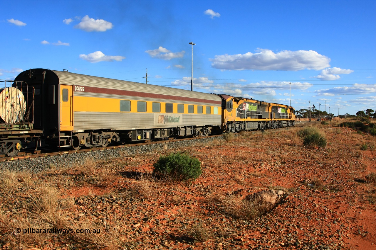 100603 9048
West Kalgoorlie, crew accommodation coach QCAY 2 was built by the South Australian Railways Islington Workshops in 1958 as Chalaki for The Overland as a corten steel roomette sleeping car. Purchased by Bluebird Rail in 2007 and converted to crew car for Queensland Rail ~2010.
Keywords: QCAY-type;QCAY2;SAR-Islington-WS;Chalaki;JRA-type;JRA2;