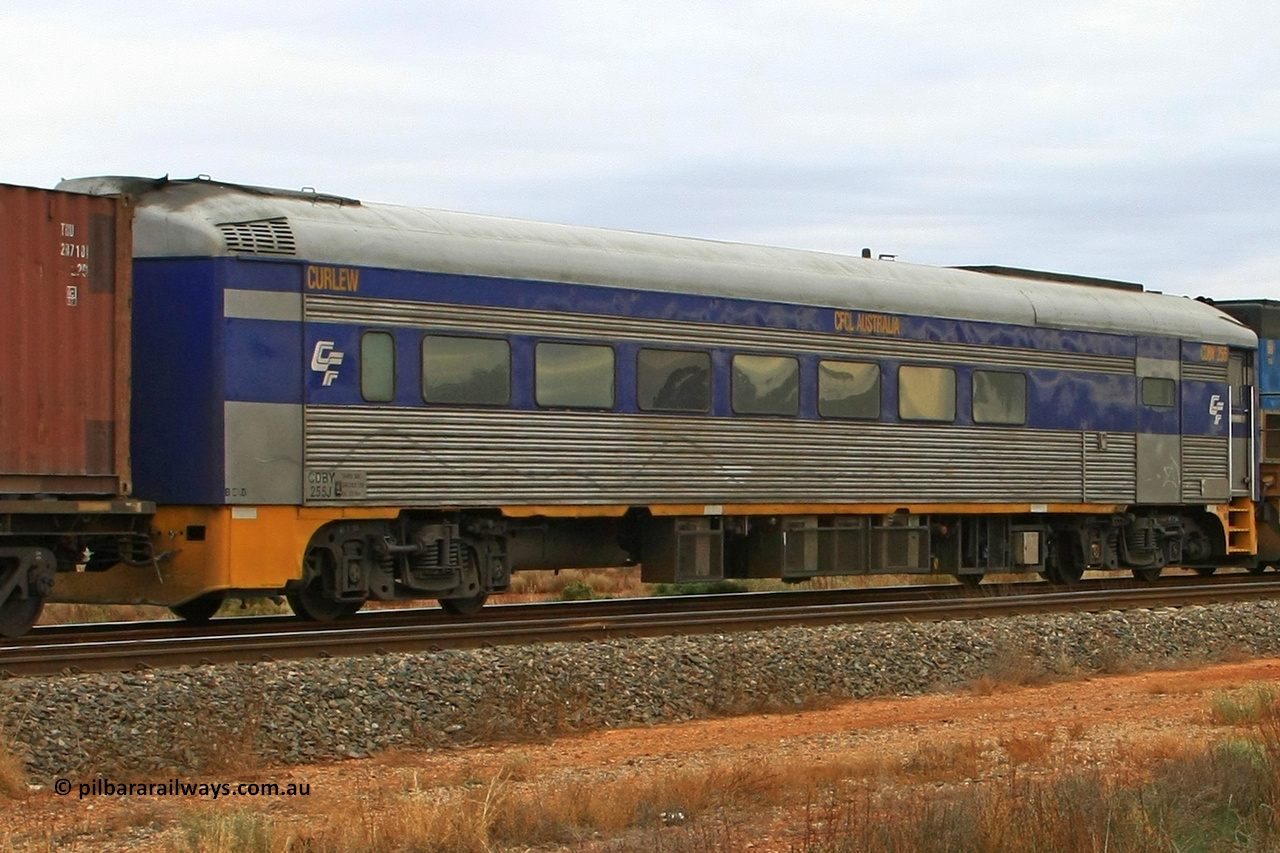 100606 9594
Golden Ridge, CFCLA leased crew accommodation coach CDBY type CDBY 255 'Curlew', originally built by SAR Islington Workshops in 1956 as a Bluebird railcar 'Curlew', later numbered 802 in National Rail service, then to CDBY 255 when converted to crew coach in 2007.
Keywords: CDBY-type;CDBY255;SAR-Islington-WS;Bluebird;250-type;