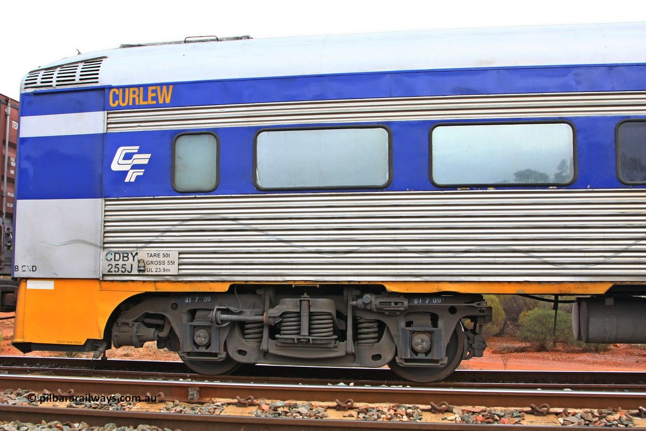 100606 9605
Golden Ridge, CFCLA leased crew accommodation coach CDBY type CDBY 255 'Curlew', originally built by SAR Islington Workshops in 1956 as a Bluebird railcar 'Curlew', later numbered 802 in National Rail service, then to CDBY 255 when converted to crew coach in 2007.
Keywords: CDBY-type;CDBY255;SAR-Islington-WS;Bluebird;250-type;