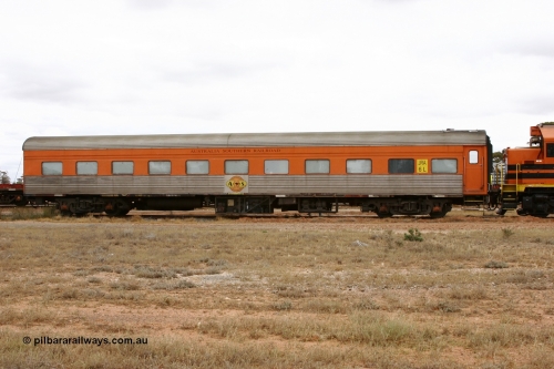 051101 6582
Parkeston, Australian Southern Railroad JRA type crew accommodation coach JRA 6, originally built in 1958 by SAR Islington as corten steel V&SAR Joint Stock roomette sleeping car Tarkinji for The Overland. Recoded to JRA 6 1987. Written off and sold in 1995. Converted to ASR crew car 1999. It is now ADFY 6 with GWA and no longer has the fluted sides.
Keywords: JRA-type;JRA6;SAR-Islington-WS;Tarkinji;