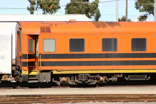 060528 4445
West Kalgoorlie, Australian Southern Railroad ECA type crew accommodation car ECA 98, originally built for the Commonwealth Railways by Wegmann & Co. in West Germany in 1955 as the ARF type first class air conditioned sleeper with rounded observation end ARF 98, rebuilt and recoded in 1972 without the observation end as BB type BB 98. Converted to a crew car in 1991.
Keywords: ECA-type;ECA98;Wegmann-&-Co-West-Germany;ARF-type;ARF98;BB-type;BB98;
