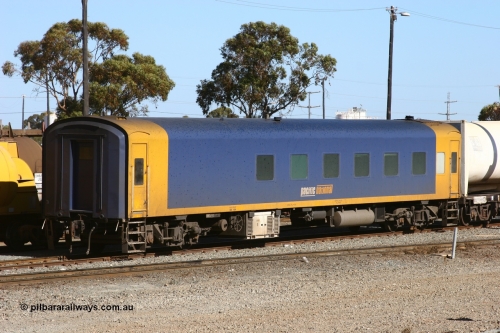 060528 4527
West Kalgoorlie, Pacific National BRS type crew accommodation coach BRS 221, originally built by Victorian Railways Newport Workshops in November 1940 as an AS type first class sitting car for the Spirit of Progress as AS 6, in April 1983 converted to a combined sitting accommodation and a mini refreshment service as BRS type BRS 1, then in September 1985 renumbered to BRS 221. Sold to West Coast Railway mid 1990s, converted to crew car after 2004.
Keywords: BRS-type;BRS221;Victorian-Railways-Newport-WS;AS-type;AS6;BRS-type;BRS1;