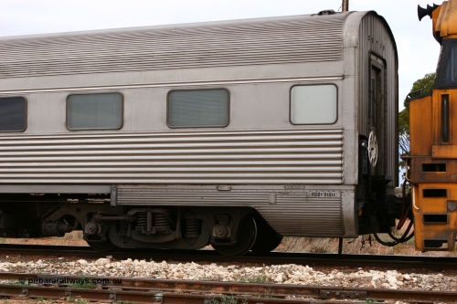 060529 4727
Parkeston, Pacific National RZBY type crew accommodation car RZBY 910 on train 6WP2, built by Comeng NSW as ER type stainless steel air conditioned crew dormitory car ER 210 in 1969, renumbered to ER 911 in 1974, sold to National Rail and converted to crew car in 1997.
Keywords: RZBY-type;RZBY910;Comeng-NSW;ER-type;ER210;ER910;