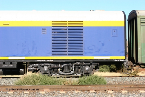 060530 4846
Parkeston, SCT VPAY type crew accommodation car VPAY 2 'Great Artesian' on train 2PM9, built by Tulloch Ltd NSW in 1968 as a narrow gauge brake van with sleeping accommodation as NHRD type NHRD 79, converted to standard gauge in 1981 and coded HRD type HRD 361. Recoded to AVDY in October 1982, then to AVDP. Sold to WCR, then in October 2000 overhauled for crew car use and coded VPAY 1 on SCT services and owned by Freight Australia. Was later sold to Pacific National and subsequently scrapped 2016.
Keywords: VPAY-type;VPAY2;Tulloch-Ltd-NSW;NHRD-type;NHRD79;HRD-type;HRD361;AVDY-type;AVDP-type;