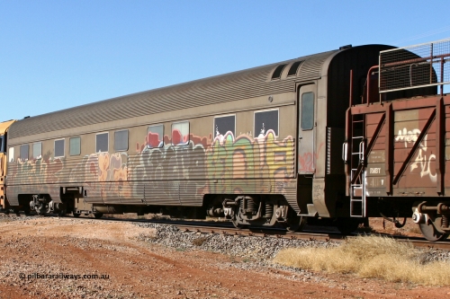 060530 4893
Parkeston, Pacific National RZAY type crew accommodation car RZAY 940 on train 2PM6 was built by Comeng NSW as an ARJ type stainless steel air conditioned first class roomette sleeping car ARJ 240 in 1968, allocated to the Indian Pacific Joint Stock in 1970, renumbered to ARJ 940 in 1974 and sold to National Rail and converted to crew car in 1997.
Keywords: RZAY-type;RZAY940;Comeng-NSW;ARJ-type;ARJ240;ARJ940;