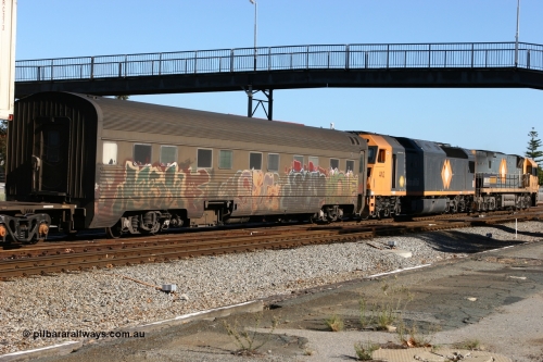 060603 5388
Midland, Pacific National RZAY type crew accommodation car RZAY 940 on train 4MP5 was built by Comeng NSW as an ARJ type stainless steel air conditioned first class roomette sleeping car ARJ 240 in 1968, allocated to the Indian Pacific Joint Stock in 1970, renumbered to ARJ 940 in 1974 and sold to National Rail and converted to crew car in 1997.
Keywords: RZAY-type;RZAY940;Comeng-NSW;ARJ-type;ARJ240;ARJ940;