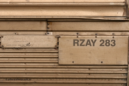 070528 9280
Parkeston, Pacific National RZAY type crew accommodation car RZAY 283 on train 4PM6 was built by Comeng NSW as an ARJ type stainless steel air conditioned first class roomette sleeping car ARJ 283 in 1972, sold to National Rail and converted to a crew car in 1997. Destroyed at the Jumperkine collision in December 2019.
Keywords: RZAY-type;RZAY283;Comeng-NSW;ARJ-type;ARJ283;