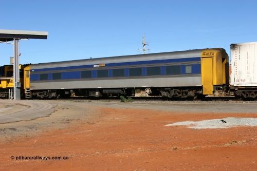 070529 9354
Parkeston; Pacific National RZDY type crew accommodation car RZDY 103 'Ibis' on train 2PM6 originally built by SAR Islington Workshops as a Bluebird railcar driving trailer in 1956 named 'Ibis', in 1986 numbered 103, in 1990 converted to locomotive hauled and coded as BR type BR 103, written off in 1995 and sold off. It was owned by a number of owners and finally in 2006 converted to a Pacific National crew car.
Keywords: RZDY-type;RZDY103;SAR-Islington-WS;Bluebird;103;BR103;