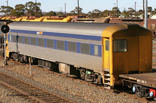 070529 9422
West Kalgoorlie; Pacific National RZDY type crew accommodation car RZDY 106 'Bittern' on train 3PW originally built by SAR Islington Workshops as a Bluebird railcar driving trailer in 1958 named 'Britten', in 1986 numbered 106, in 1990 converted to locomotive hauled and coded as BR type BR 106, written off in 1995 and sold off. In 1998 it was numbered 812. It was owned by a number of owners and then CFCLA. In 2006 converted to a Pacific National crew car.
Keywords: RZDY-type;RZDY106;SAR-Islington-WS;Bluebird;106;BR106;812;