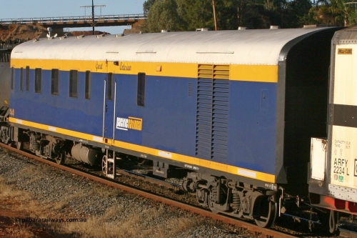 070529 9472
Kalgoorlie, SCT VPAY type crew accommodation car VPAY 2 'Great Artesian' on train 2PM9, built by Tulloch Ltd NSW in 1968 as a narrow gauge brake van with sleeping accommodation as NHRD type NHRD 79, converted to standard gauge in 1981 and coded HRD type HRD 361. Recoded to AVDY in October 1982, then to AVDP. Sold to WCR, then in October 2000 overhauled for crew car use and coded VPAY 1 on SCT services and owned by Freight Australia. Was later sold to Pacific National and subsequently scrapped 2016.
Keywords: VPAY-type;VPAY2;Tulloch-Ltd-NSW;NHRD-type;NHRD79;HRD-type;HRD361;AVDY-type;AVDP-type;