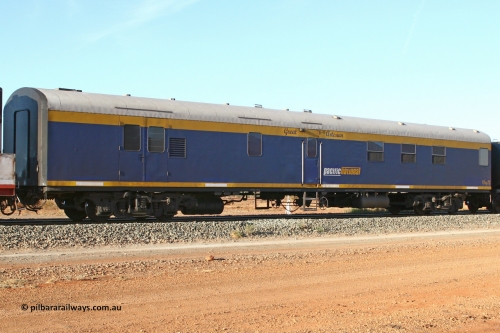070529 9484
Parkeston, SCT VPAY type crew accommodation car VPAY 2 'Great Artesian' on train 2PM9, built by Tulloch Ltd NSW in 1968 as a narrow gauge brake van with sleeping accommodation as NHRD type NHRD 79, converted to standard gauge in 1981 and coded HRD type HRD 361. Recoded to AVDY in October 1982, then to AVDP. Sold to WCR, then in October 2000 overhauled for crew car use and coded VPAY 1 on SCT services and owned by Freight Australia. Was later sold to Pacific National and subsequently scrapped 2016.
Keywords: VPAY-type;VPAY2;Tulloch-Ltd-NSW;NHRD-type;NHRD79;HRD-type;HRD361;AVDY-type;AVDP-type;