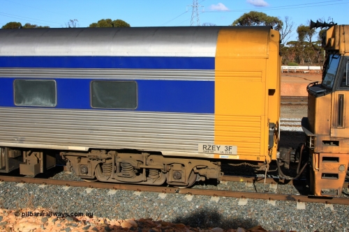 100601 8385
West Kalgoorlie, crew accommodation coach RZEY 3, handbrake end detail and number board view, built by South Australian Railways Islington Workshops in 1956 as Tolkini for The Overland, renamed to Malkari in 1957 then coded JTA 3 in 1987, converted to crew coach in 2007 by Bluebird Rail Operations.
Keywords: RZEY-type;RZEY3;SAR-Islington-WS;JTA-type;JTA3;Tolkini;Malkari;