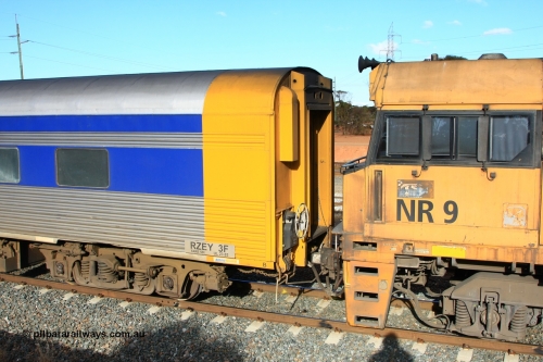 100601 8394
West Kalgoorlie, crew accommodation coach RZEY 3, handbrake end detail and number board view, built by South Australian Railways Islington Workshops in 1956 as Tolkini for The Overland, renamed to Malkari in 1957 then coded JTA 3 in 1987, converted to crew coach in 2007 by Bluebird Rail Operations.
Keywords: RZEY-type;RZEY3;SAR-Islington-WS;JTA-type;JTA3;Tolkini;Malkari;