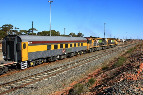 100602 8611
West Kalgoorlie, crew accommodation coach QCAY 5 was built by the South Australian Railways Islington Workshops in 1958 as Juki for The Overland as a corten steel roomette sleeping car. Sold to Blue Bird Rail in 1997, then to Grand Corporate Rail, renamed BMC 2, in 2003 sold to Great Southern Railway and renamed Sir John Forrest. Purchased by Bluebird Rail and converted to crew car and then sold to Queensland Rail.
Keywords: QCAY-type;QCAY5;SAR-Islington-WS;Juki;JRA-type;JRA5;