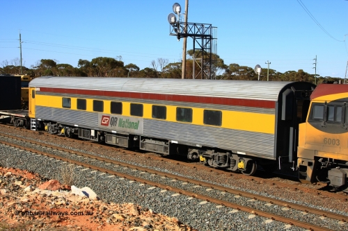 100602 8650
West Kalgoorlie, crew accommodation coach QCAY 5 was built by the South Australian Railways Islington Workshops in 1958 as Juki for The Overland as a corten steel roomette sleeping car. Sold to Blue Bird Rail in 1997, then to Grand Corporate Rail, renamed BMC 2, in 2003 sold to Great Southern Railway and renamed Sir John Forrest. Purchased by Bluebird Rail and converted to crew car and then sold to Queensland Rail.
Keywords: QCAY-type;QCAY5;SAR-Islington-WS;Juki;JRA-type;JRA5;