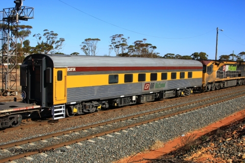 100602 8651
West Kalgoorlie, crew accommodation coach QCAY 5 was built by the South Australian Railways Islington Workshops in 1958 as Juki for The Overland as a corten steel roomette sleeping car. Sold to Blue Bird Rail in 1997, then to Grand Corporate Rail, renamed BMC 2, in 2003 sold to Great Southern Railway and renamed Sir John Forrest. Purchased by Bluebird Rail and converted to crew car and then sold to Queensland Rail.
Keywords: QCAY-type;QCAY5;SAR-Islington-WS;Juki;JRA-type;JRA5;