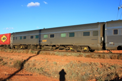 100602 8720
Parkeston, Pacific National RZAY type crew accommodation car RZAY 940 was built by Comeng NSW as an ARJ type stainless steel air conditioned first class roomette sleeping car ARJ 240 in 1968, allocated to the Indian Pacific Joint Stock in 1970, renumbered to ARJ 940 in 1974 and sold to National Rail and converted to crew car in 1997.
Keywords: RZAY-type;RZAY940;Comeng-NSW;ARJ-type;ARJ240;ARJ940;