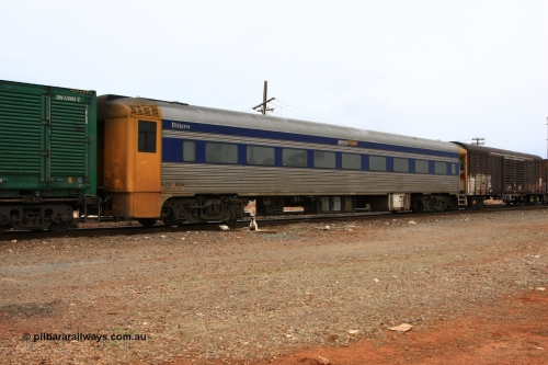 100605 9083
Parkeston; Pacific National RZDY type crew accommodation car RZDY 106 'Bittern' originally built by SAR Islington Workshops as a Bluebird railcar driving trailer in 1958 named 'Britten', in 1986 numbered 106, in 1990 converted to locomotive hauled and coded as BR type BR 106, written off in 1995 and sold off. In 1998 it was numbered 812. It was owned by a number of owners and then CFCLA. In 2006 converted to a Pacific National crew car.
Keywords: RZDY-type;RZDY106;SAR-Islington-WS;Bluebird;106;BR106;812;