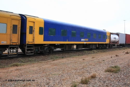 100605 9088
Midland, Pacific National crew accommodation coach BRS 222, built by Victorian Railways Newport Workshops in 1952 as AS 16 First class, to BRS 2, then BS 222. Leased and then sold to West Coast Rail in 1995, and then sold to Pacific National in 2004.
Keywords: BRS-type;BRS222;Victorian-Railways-Newport-WS;AS-type;AS16;BRS-type;BRS2;BS-type;BS222;
