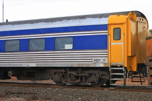 100606 9453
Parkeston, Pacific National crew car RZEY type RZEY 1 was built by the South Australian Railways Islington Workshops in 1958 as Mururi for The Overland as a corten steel roomette sleeping car, coded JRA 1 in 1987, loaned to V/Line in 1992 for the Vinelander, scrapped in 1995 and sold to International Development Services, 1998 sold to West Coast Rail, sold to Australian Locomotive and Railway Carriage Company in 2004, then rebuilt into crew car by BlueBird Rail Operations in 2007.
Keywords: RZEY-type;RZEY1;SAR-Islington-WS;JRA-type;JRA1;Mururi;