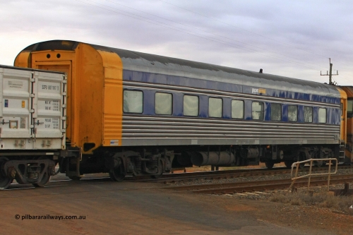 100606 9455
Parkeston, Pacific National crew car RZEY type RZEY 1 was built by the South Australian Railways Islington Workshops in 1958 as Mururi for The Overland as a corten steel roomette sleeping car, coded JRA 1 in 1987, loaned to V/Line in 1992 for the Vinelander, scrapped in 1995 and sold to International Development Services, 1998 sold to West Coast Rail, sold to Australian Locomotive and Railway Carriage Company in 2004, then rebuilt into crew car by BlueBird Rail Operations in 2007.
Keywords: RZEY-type;RZEY1;SAR-Islington-WS;JRA-type;JRA1;Mururi;