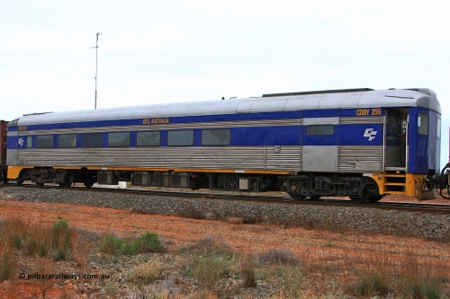 100606 9591
Golden Ridge, CFCLA leased crew accommodation coach CDBY type CDBY 255 'Curlew', originally built by SAR Islington Workshops in 1956 as a Bluebird railcar 'Curlew', later numbered 802 in National Rail service, then to CDBY 255 when converted to crew coach in 2007.
Keywords: CDBY-type;CDBY255;SAR-Islington-WS;Bluebird;250-type;