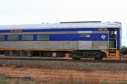 100606 9592
Golden Ridge, CFCLA leased crew accommodation coach CDBY type CDBY 255 'Curlew', originally built by SAR Islington Workshops in 1956 as a Bluebird railcar 'Curlew', later numbered 802 in National Rail service, then to CDBY 255 when converted to crew coach in 2007.
Keywords: CDBY-type;CDBY255;SAR-Islington-WS;Bluebird;250-type;