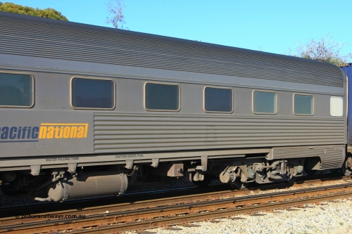 100608 9805
Midland, Pacific National RZBY type crew accommodation car RZBY 910, built by Comeng NSW as ER type stainless steel air conditioned crew dormitory car ER 210 in 1969, renumbered to ER 911 in 1974, sold to National Rail and converted to crew car in 1997.
Keywords: RZBY-type;RZBY910;Comeng-NSW;ER-type;ER210;ER910;