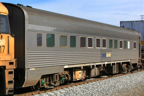 100611 0524
Midland, Pacific National RZBY type crew accommodation car RZBY 208 on train 4PM6, built by Comeng NSW as ER type stainless steel air conditioned crew dormitory car ER 208 in 1969, sold to National Rail and converted to crew car in 1997.
Keywords: RZBY-type;RZBY208;Comeng-NSW;ER-type;