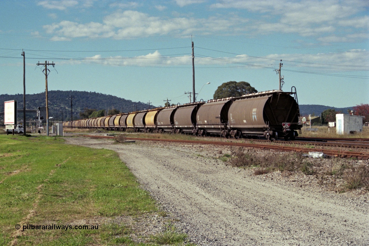 186-08
Midland, empty standard gauge down grain train 051 crosses Lloyd Street with forty WW and WWA type bogie grain waggons, trailing view.
