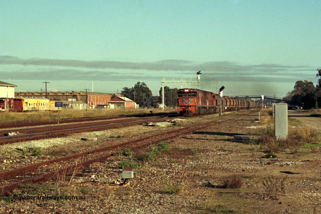 186-09
Midland, empty narrow gauge grain train 283 rumbles past Midland Workshops behind a pair of Westrail P class locomotives P 2011 'Shire of Narembeen' Goninan GE model CM25-8 serial 6320-09/90-096 and P 2006 'Shire of Quairading' serial 6320-05/90-091.
Keywords: P-class;P2011;Goninan;GE;CM25-8;90-096;