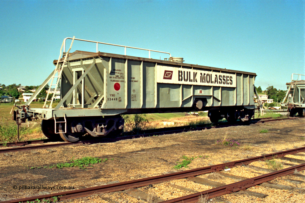 187-11
Monkland, Gympie Queensland. VMO type molasses waggon VMO 33440. Originally built by Nippon Sharyo Nihon in 1965 as a batch of 200 VO type coal hoppers. Converted to VMO in 1994. [url=https://goo.gl/maps/Fy4T98DMkxP2]GeoData[/url].
Keywords: VMO-type;VMO33440;Nippon-Sharyo-Nihon;VO-type;