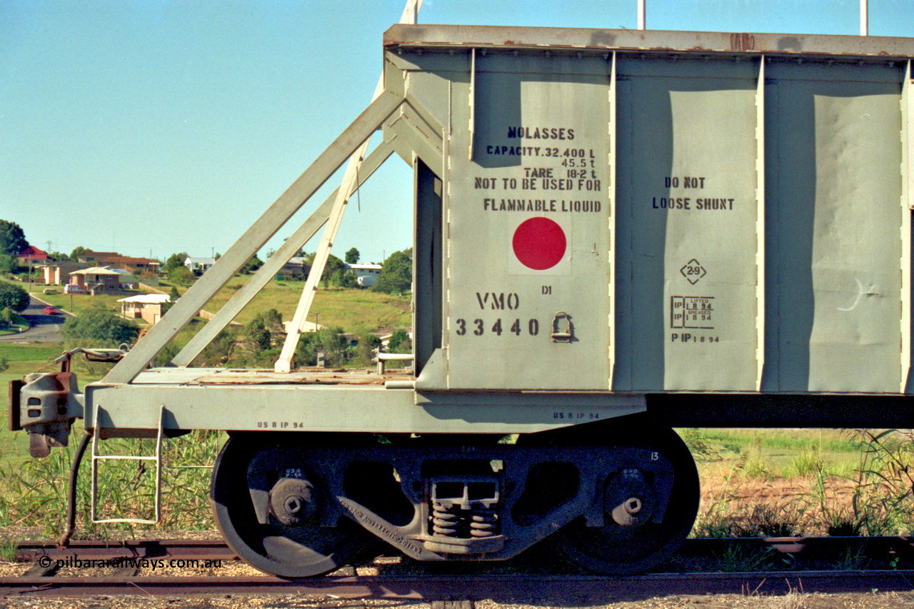 187-12
Monkland, Gympie Queensland. VMO type molasses waggon VMO 33440. Originally built by Nippon Sharyo Nihon in 1965 as a batch of 200 VO type coal hoppers. Converted to VMO in 1994. [url=https://goo.gl/maps/Fy4T98DMkxP2]GeoData[/url].
Keywords: VMO-type;VMO33440;Nippon-Sharyo-Nihon;VO-type;