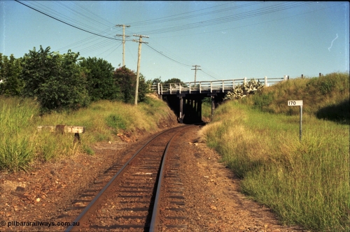 187-03
Nashville, Gympie Queensland. Looking south east in the Up direction with the 170 km post and the Graham St over bridge. [url=https://goo.gl/maps/ipD7mZ8bqy42]GeoData[/url].
