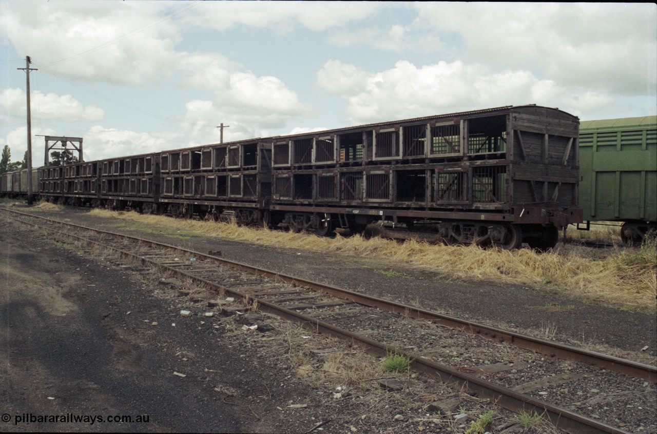 190-12
Cootamundra, NSW Main South, a rake of sheep NSSF type waggons.
Keywords: NSSF-type;AE-Goodwin;BSV-type;