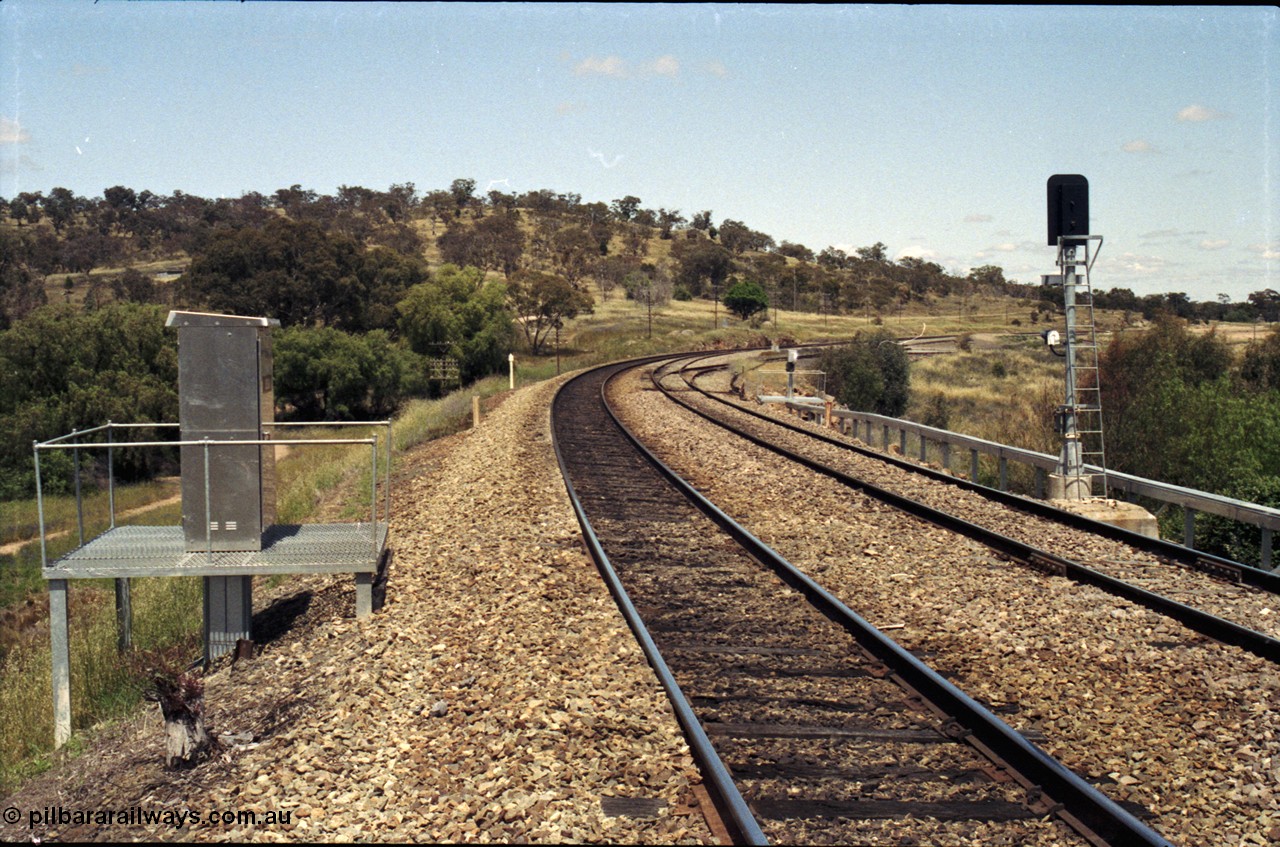 190-27
Bethungra, located at the 456.04 km on the NSW Main South line, looking south from the north end, ground frame D and yard visible around the curve.
