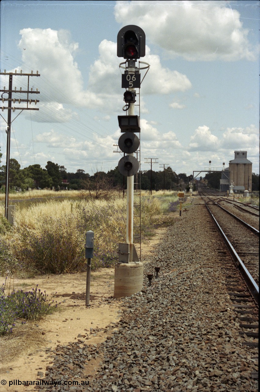 190-37
Uranquinty, located at the 535.72 km on the NSW Main South line, looking south from the north end past signal post 06/5. The north end shunt neck is on the right.
