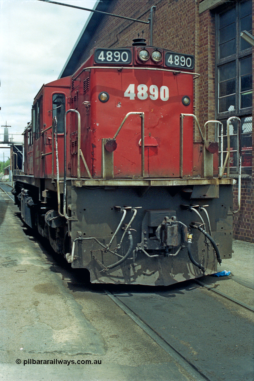 192-01
Junee, NSWSRA standard gauge locomotive depot, NSWGR 48 class unit 4890 in the Red Terror livery idles away, an ALCo RSD-8 or DL-531 model built by AE Goodwin in 1966 serial G3420-5.
Keywords: 48-class;4890;AE-Goodwin;ALCo;RSD-8;DL-531;G3420-5;