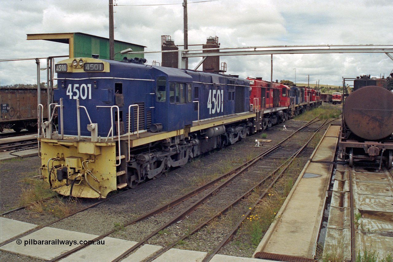 192-12
Junee, NSWSRA standard gauge locomotive depot, class leader of the NSWGR 45 class 4501 an ALCo RSD-20 or DL-541 built by AE Goodwin in 1962 with serial 84143.
Keywords: 45-class;4501;AE-Goodwin;ALCo;RSD-20;DL-541;84143;