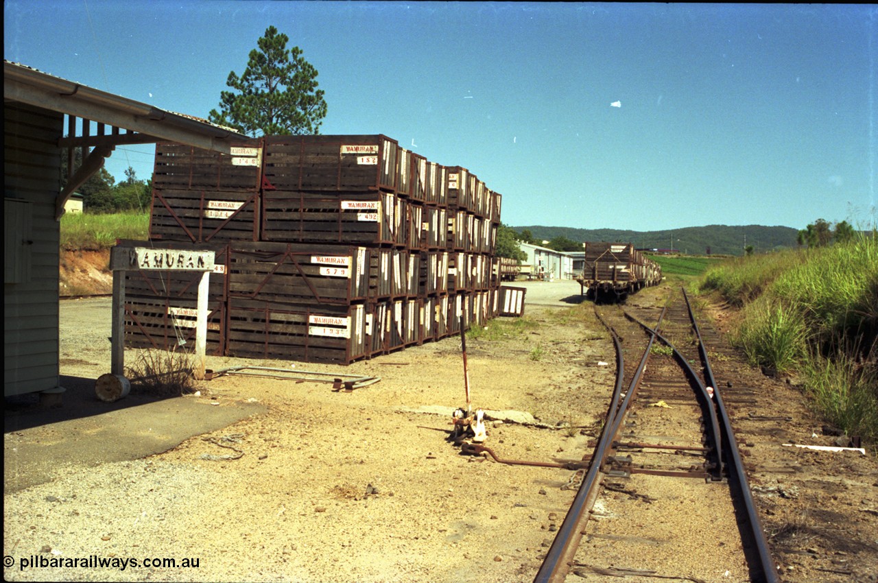 193-03
Wamuran station yard looking west towards Kilcoy, empty pineapple bins await loading, flat waggons in goods road loaded with bins.
