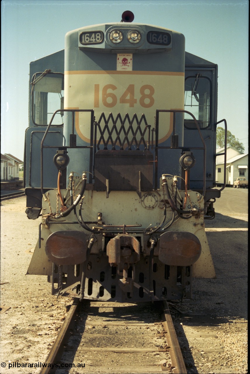 193-21
Gympie, station yard, QR narrow gauge unit 1648, an English Electric RS95C model built at their Rocklea Qld plant in 1967, known in the QR as class 1620. [url=https://goo.gl/maps/Yav8VtdvkZD2]GeoData[/url].
Keywords: 1620-class;1648;English-Electric;RS95C;A-190;