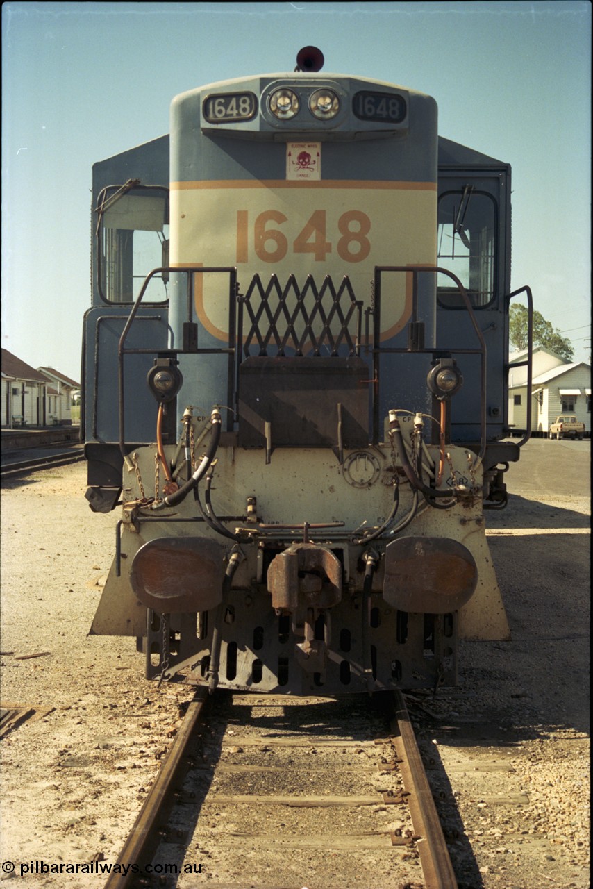 193-22
Gympie, station yard, QR narrow gauge unit 1648, an English Electric RS95C model built at their Rocklea Qld plant in 1967, known in the QR as class 1620. [url=https://goo.gl/maps/Yav8VtdvkZD2]GeoData[/url].
Keywords: 1620-class;1648;English-Electric;RS95C;A-190;