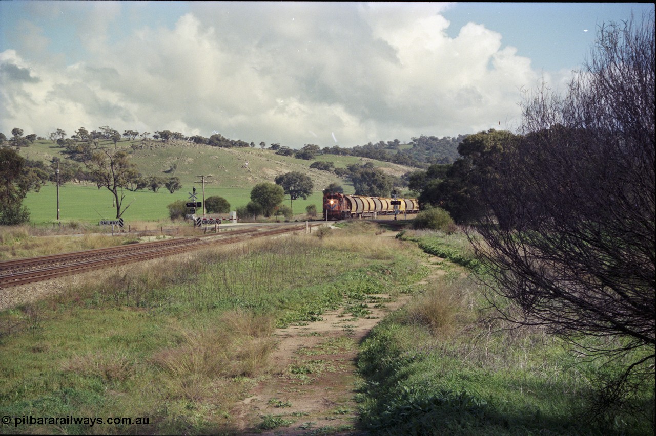 199-01
Toodyay West, empty grain train with standard gauge Westrail L class L 263 Clyde Engineering EMD GT26C serial 68-553 and forty empty waggons at Northam-Toodyay Rd Katrine. 1316 hrs on 21st June 1997.
Keywords: L-class;L263;Clyde-Engineering-Granville-NSW;EMD;GT26C;68-553;