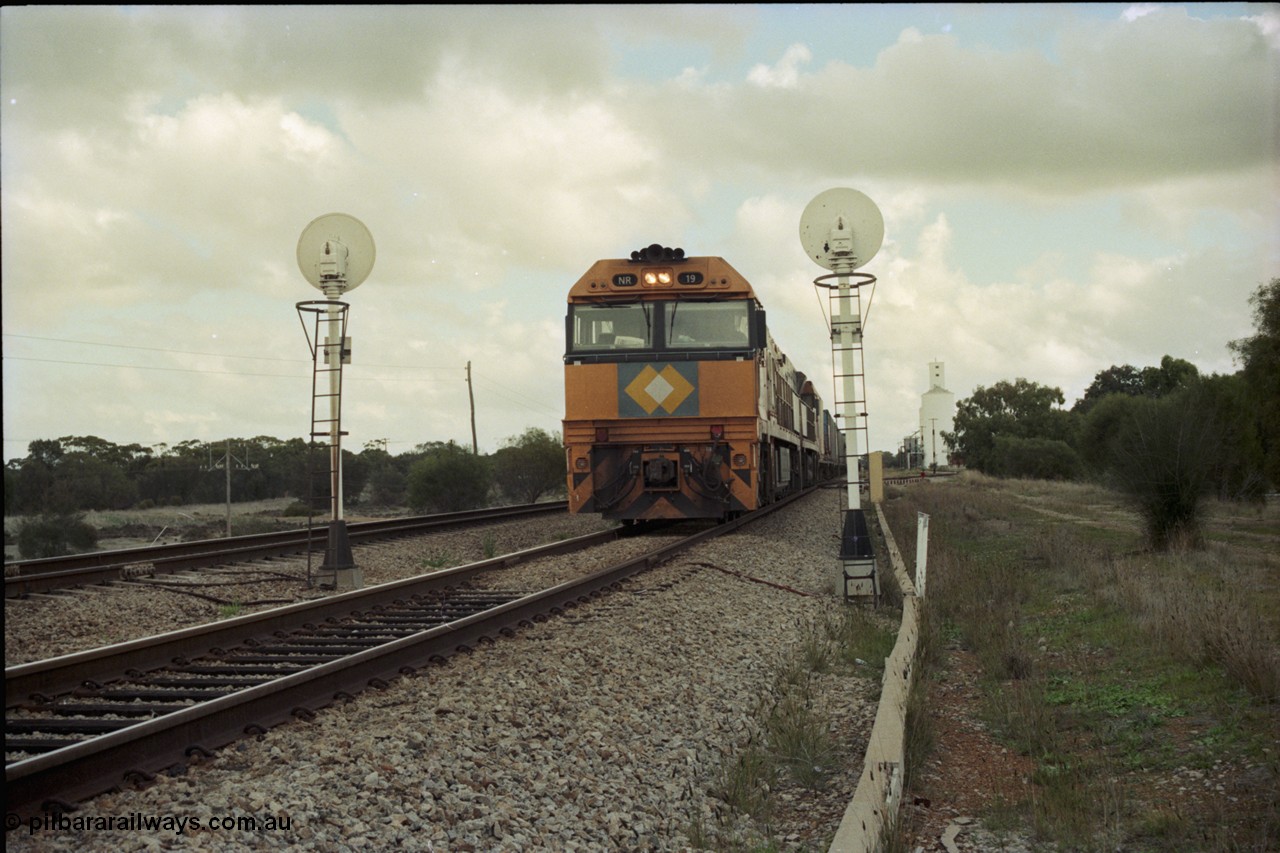 199-05
Meckering, National Rail NR class units NR 19 and NR 20 both being Goninan built GE Cv40-9i models head up train 7PM5 as they wait for a cross with the Prospector in the loop 1400 hrs 21st June 1997.
Keywords: NR-class;NR19;Goninan;GE;CV40-9i;7250-03/97-221;