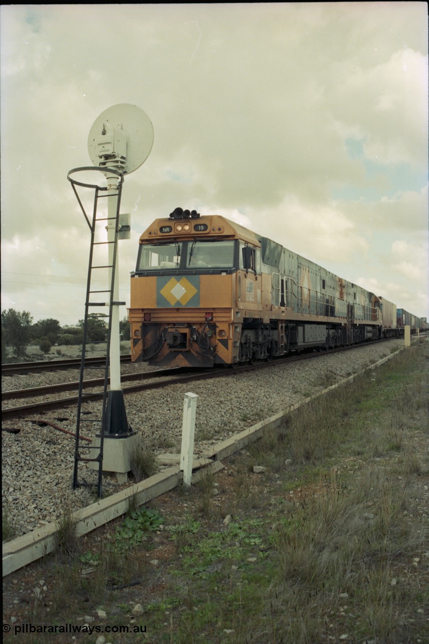 199-06
Meckering, National Rail NR class units NR 19 and NR 20 both being Goninan built GE Cv40-9i models head up train 7PM5 as they wait for a cross with the Prospector in the loop 1400 hrs 21st June 1997.
Keywords: NR-class;NR19;Goninan;GE;CV40-9i;7250-03/97-221;