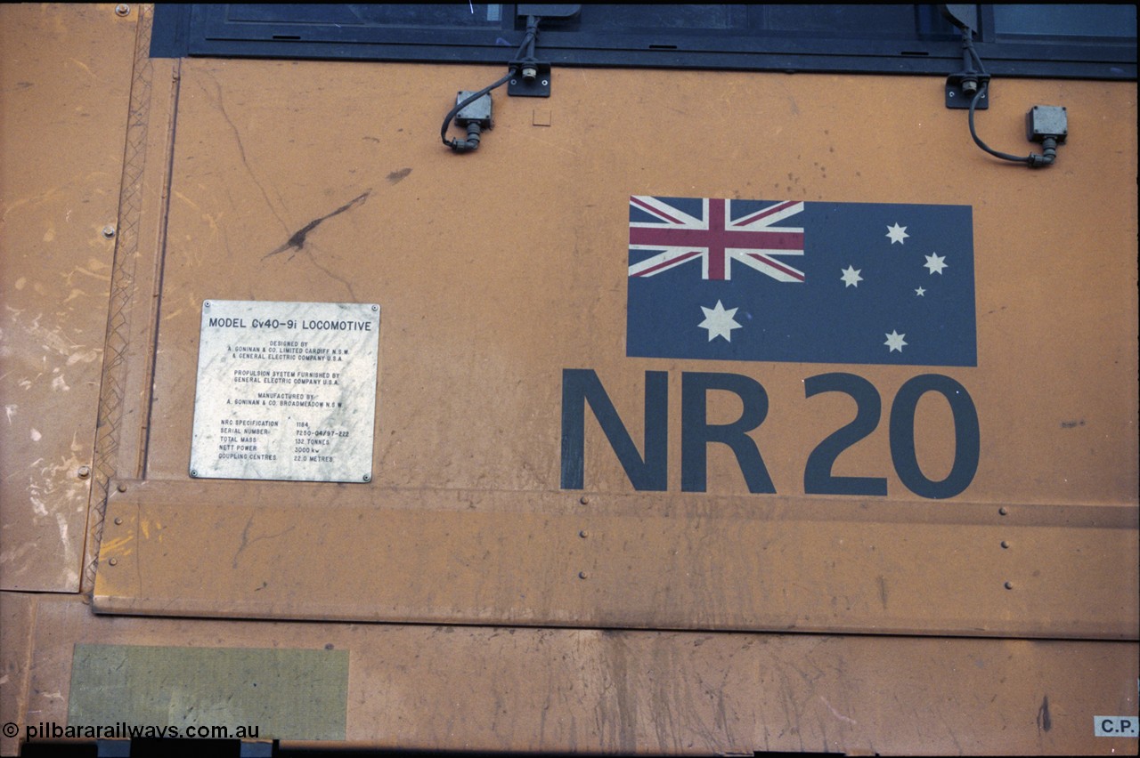 199-14
Meckering, National Rail NR class unit NR 20 Goninan built GE Cv40-9i model, cab side view of builders plate 21st June 1997.
Keywords: NR-class;NR20;Goninan;GE;CV40-9i;7250-04/97-222;