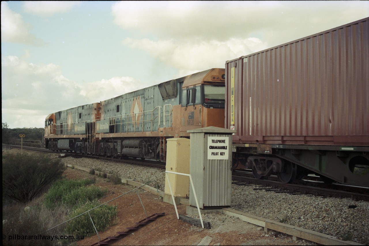 199-20
Meckering, National Rail NR class units NR 19 and NR 20 Goninan built GE Cv40-9i models lead train 7PM5 as they power out of the loop following a cross with the Prospector 1420 hrs 21st June 1997.
Keywords: NR-class;NR20;Goninan;GE;CV40-9i;7250-04/97-222;