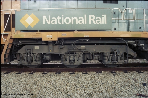 199-13
Meckering, National Rail NR class unit NR 20 Goninan built GE Cv40-9i model, bogie view of no. 2 end on train 7PM5 as it waits for a cross with the Prospector in the loop 1400 hrs June 21, 1997.
Keywords: NR-class;NR20;Goninan;GE;CV40-9i;7250-04/97-222;